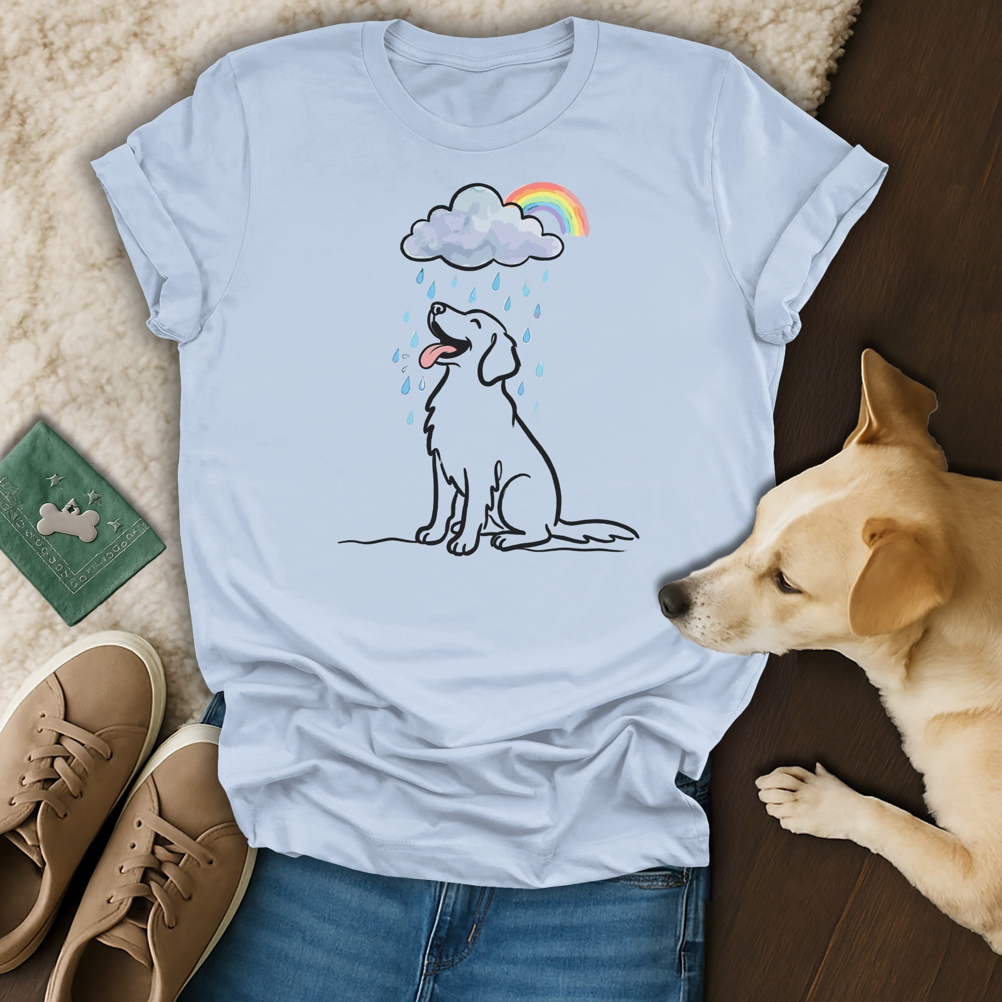 Line drawing of a happy dog sitting under a rainbow cloud with raindrops.