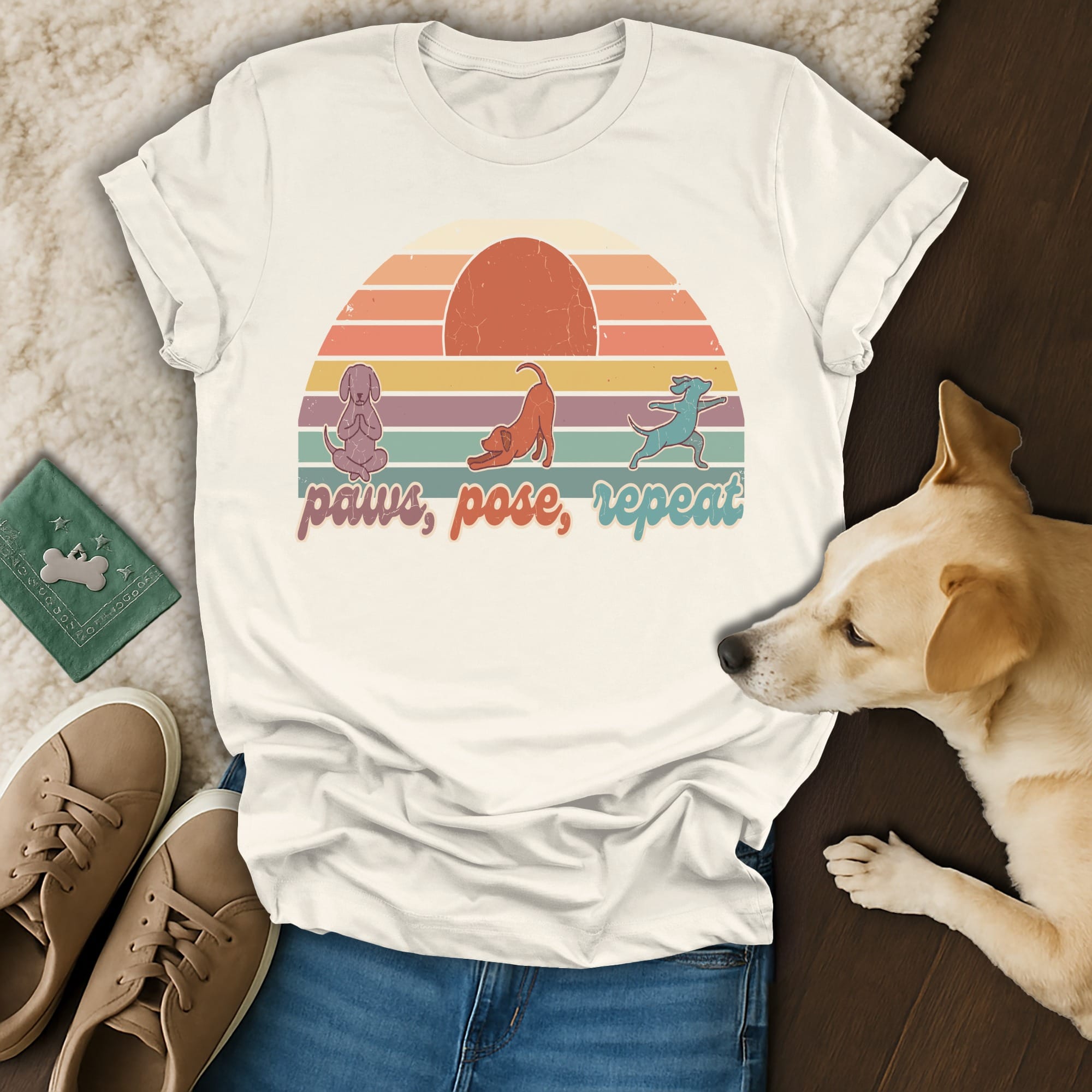 T-shirt with retro sunset design featuring dogs in yoga poses: "paws, pose, repeat."