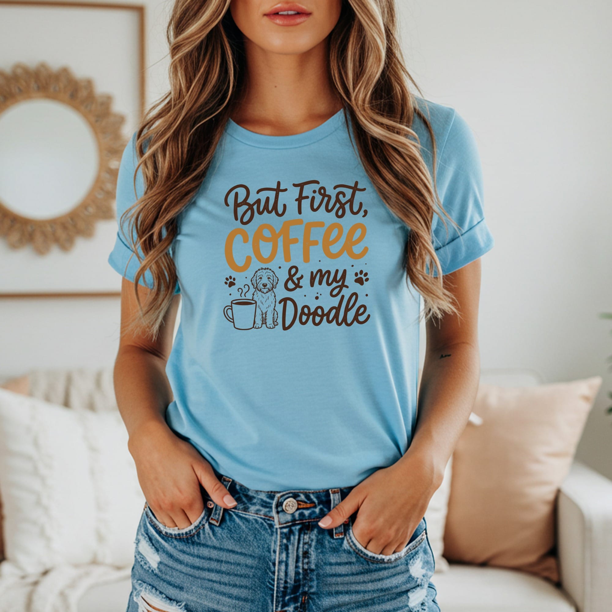 Light blue t-shirt with "But First, Coffee & my Doodle" text and doodle illustration.