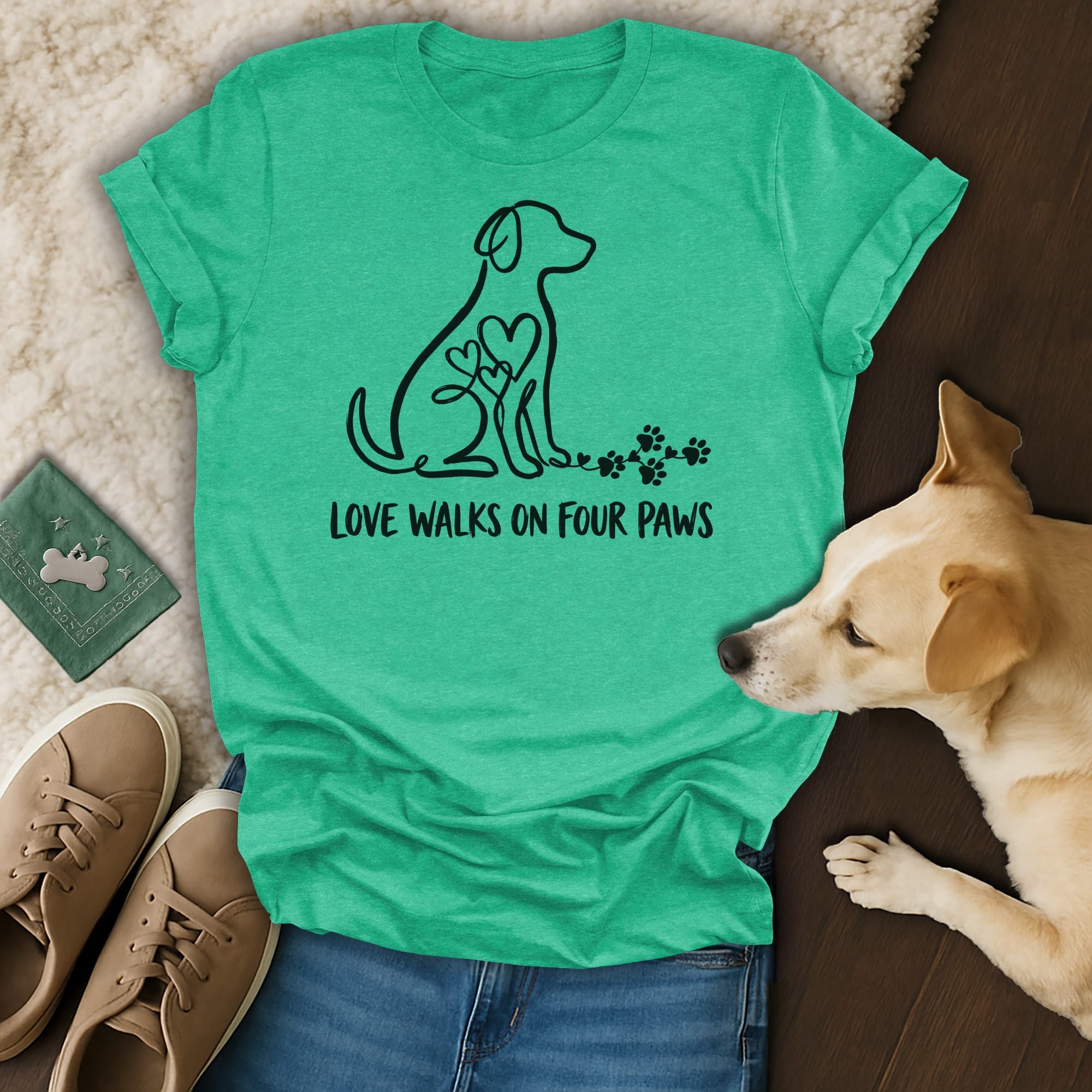 Green t-shirt with a dog silhouette and "LOVE WALKS ON FOUR PAWS" text.