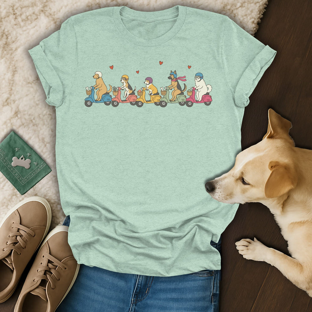 Light blue t-shirt with a row of dogs riding scooters and wearing helmets.