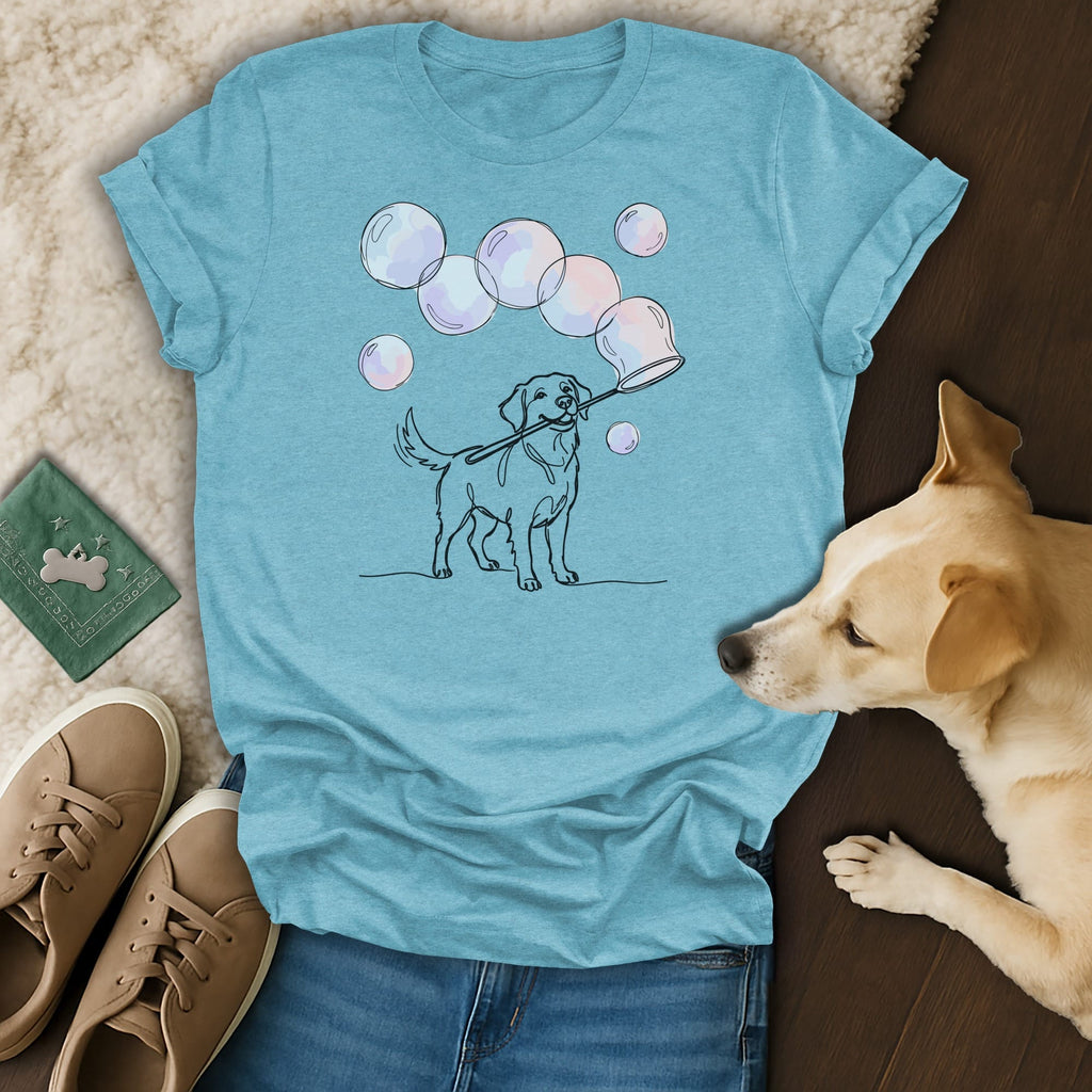 Line art of a dog with a bubble wand in its mouth, surrounded by bubbles.