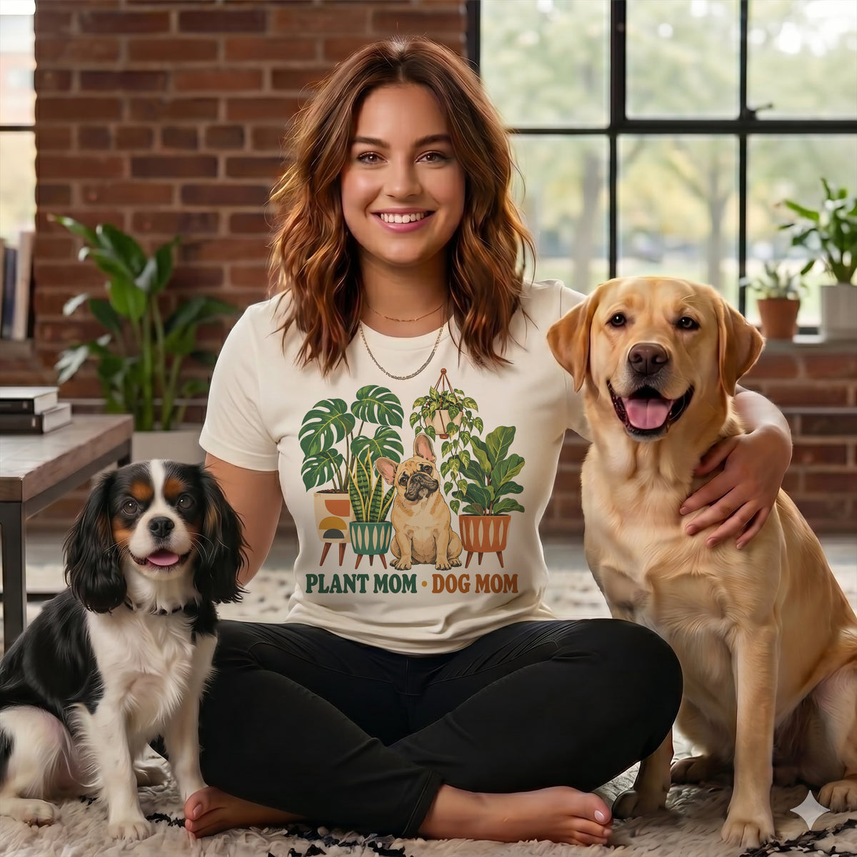 A smiling woman wearing a plant and dog mom t-shirt sits cross-legged between two dogs.
