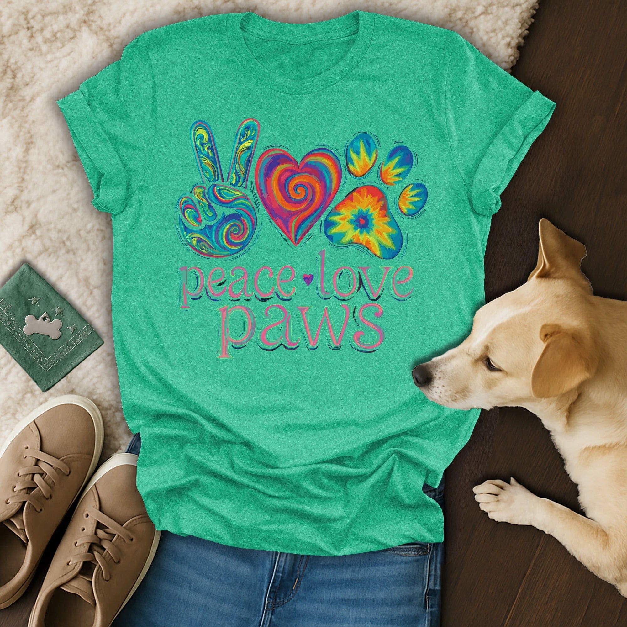 Colorful Peace Love Paws Tie Dye Graphic Design T-Shirt