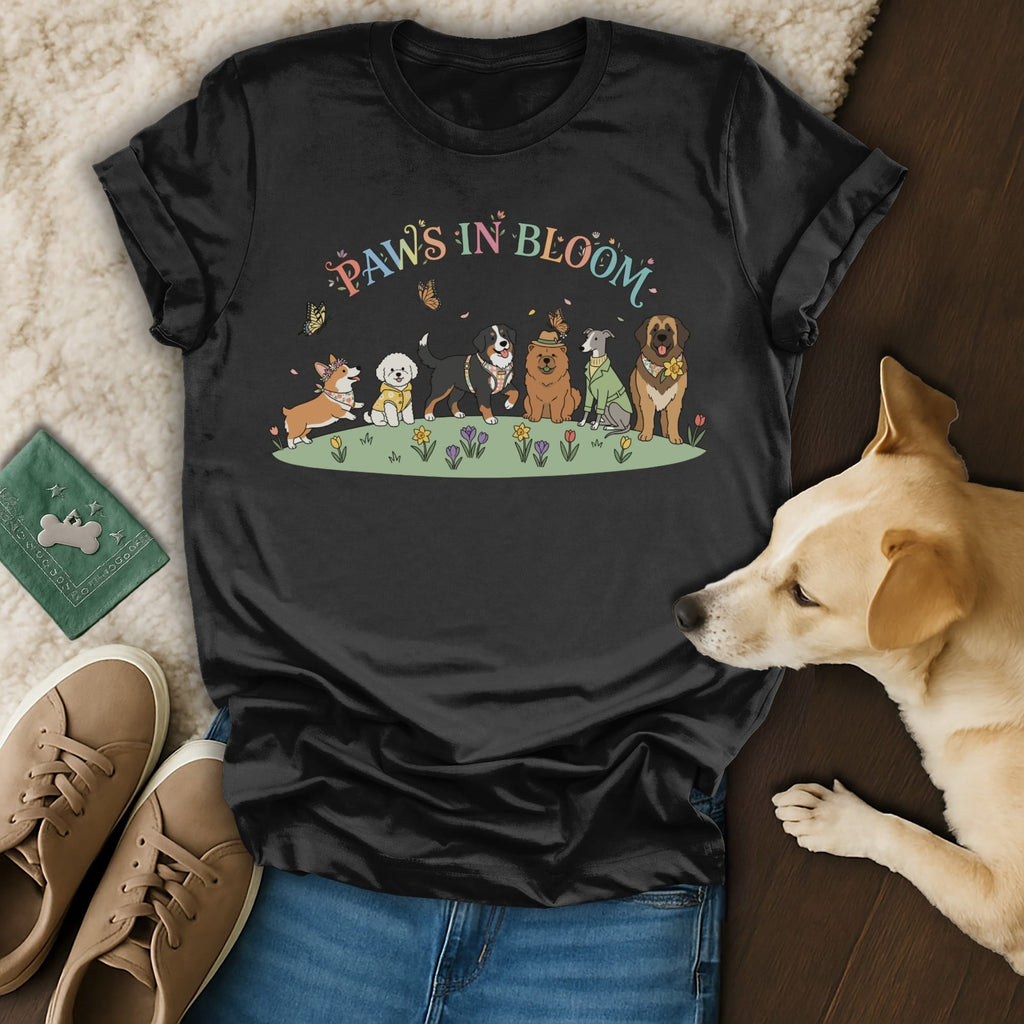 Black t-shirt with cartoon dogs and butterflies, "Paws in Bloom" text.
