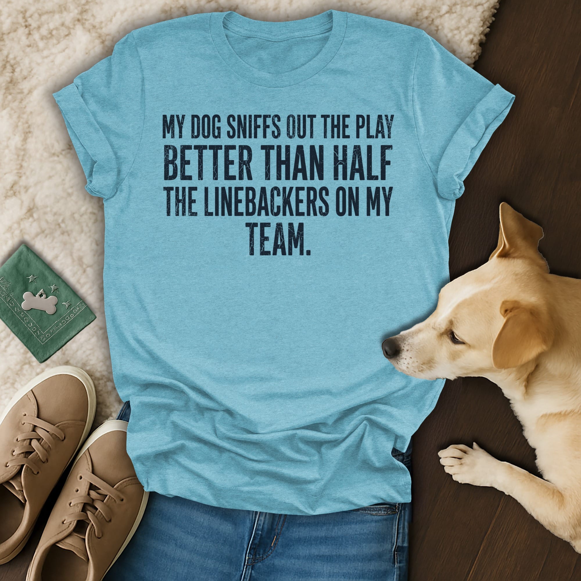 Light blue t-shirt with text: "My dog sniffs out the play better than half the linebackers on my team."