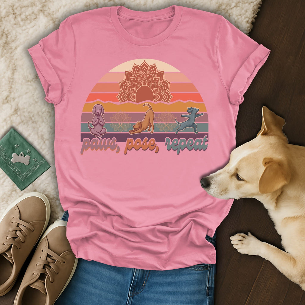 Pink t-shirt with "paws, pose, repeat" text and dog yoga graphic.