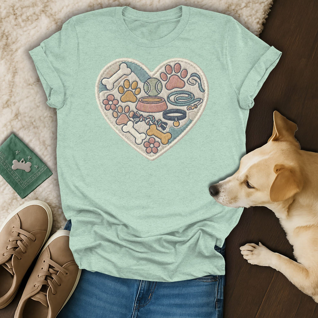 Mint t-shirt with embroidered heart of dog toys, paws, and bones.