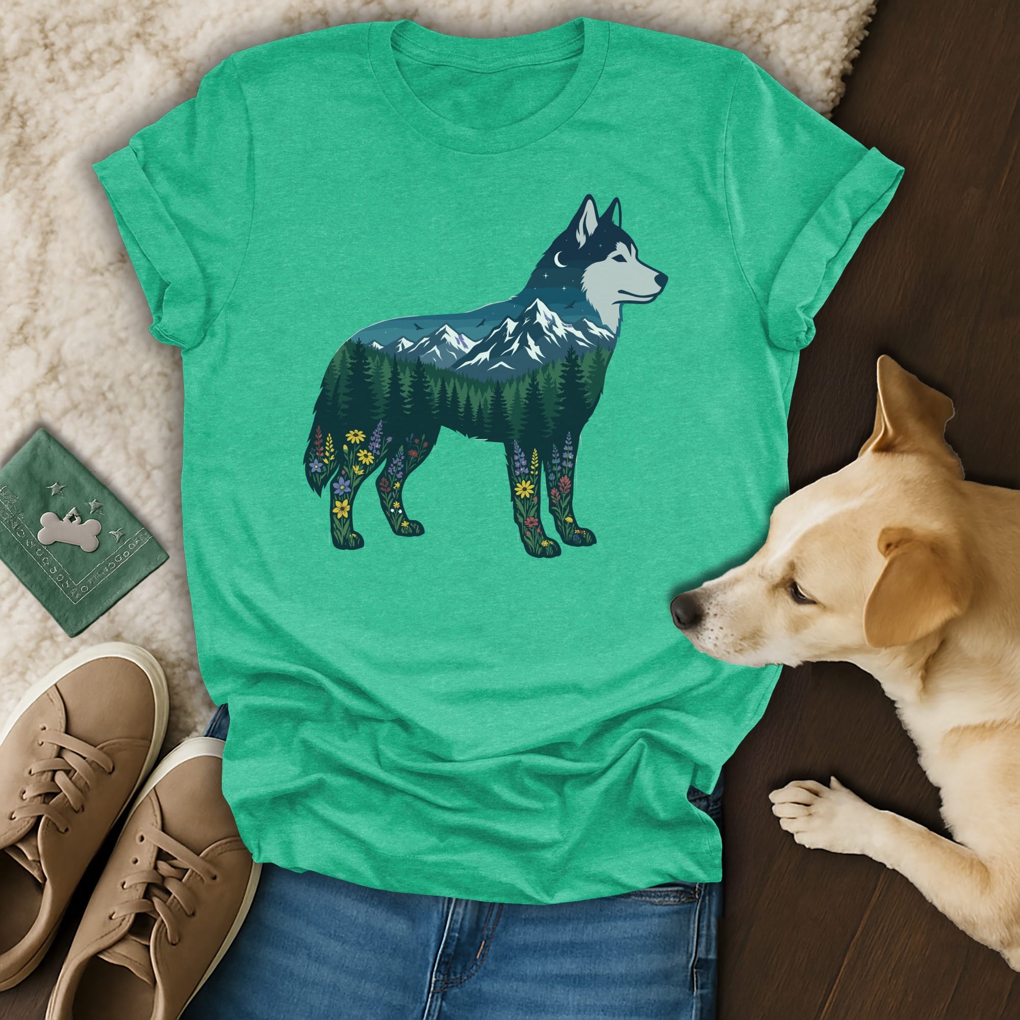 Teal t-shirt with a husky silhouette filled with a forest and mountain scene.