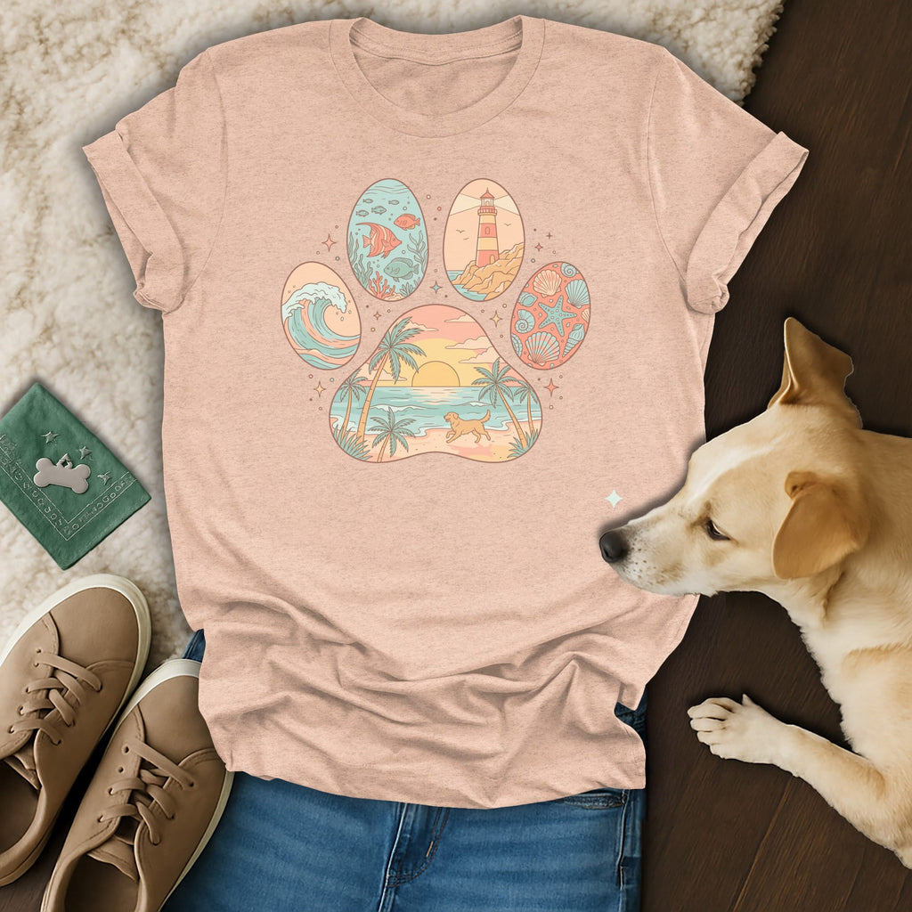 Paw print graphic with beach scene, lighthouse, and seashells on a peach t-shirt.
