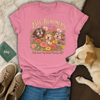 Pink t-shirt with a vintage graphic of three dogs and flowers, reading Late Bloomers.
