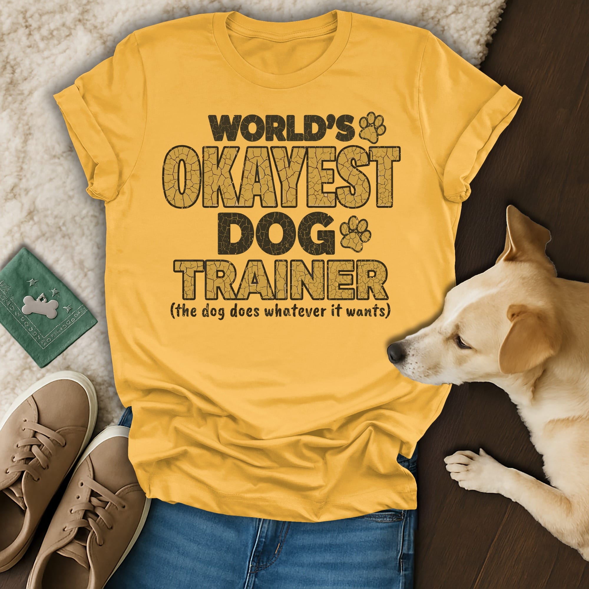 Yellow t-shirt with "World's Okayest Dog Trainer" text.
