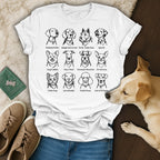 T-shirt with line drawings of dog breeds and playful puns.