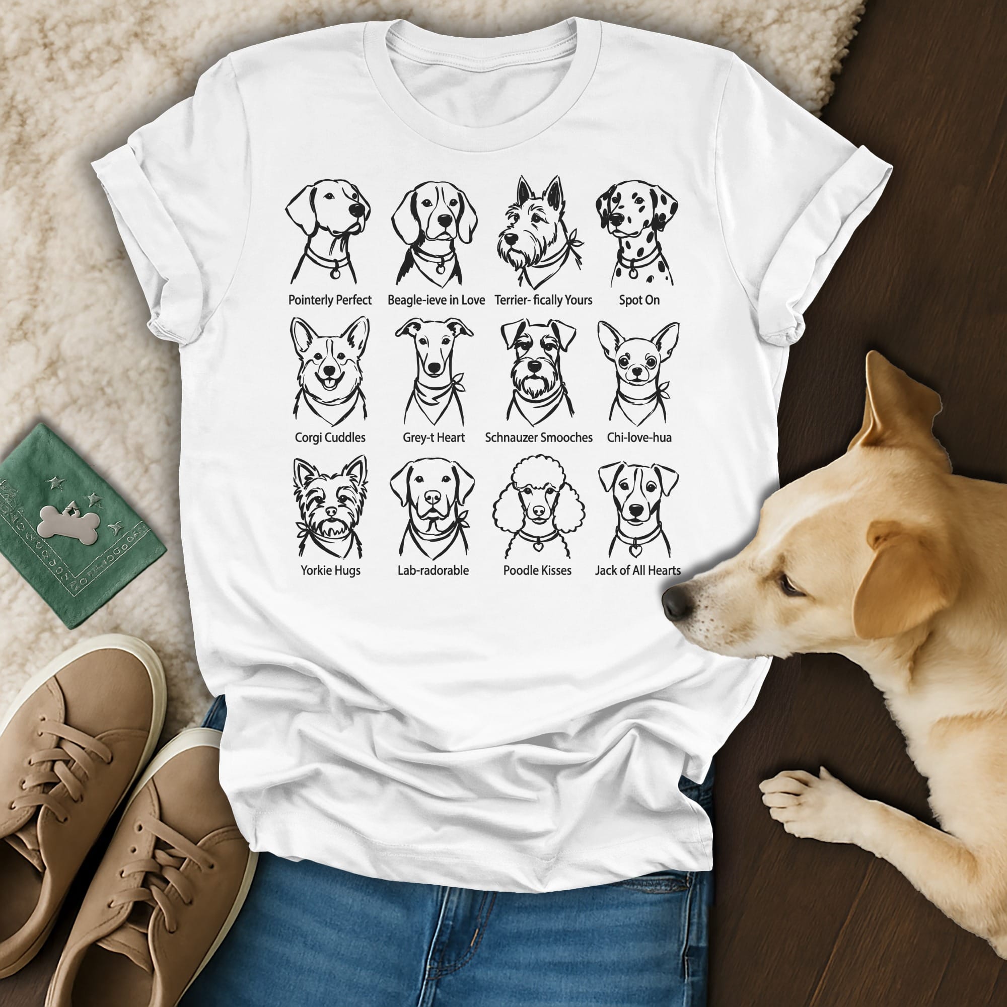 T-shirt with line drawings of dog breeds and playful puns.