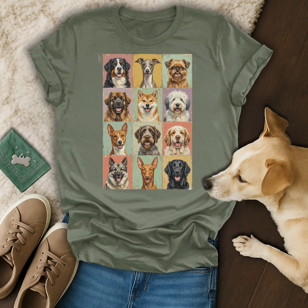 T-shirt with a grid of 12 different dog portraits, ranging from small to large breeds.