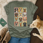T-shirt with a grid of 12 different dog portraits, ranging from small to large breeds.