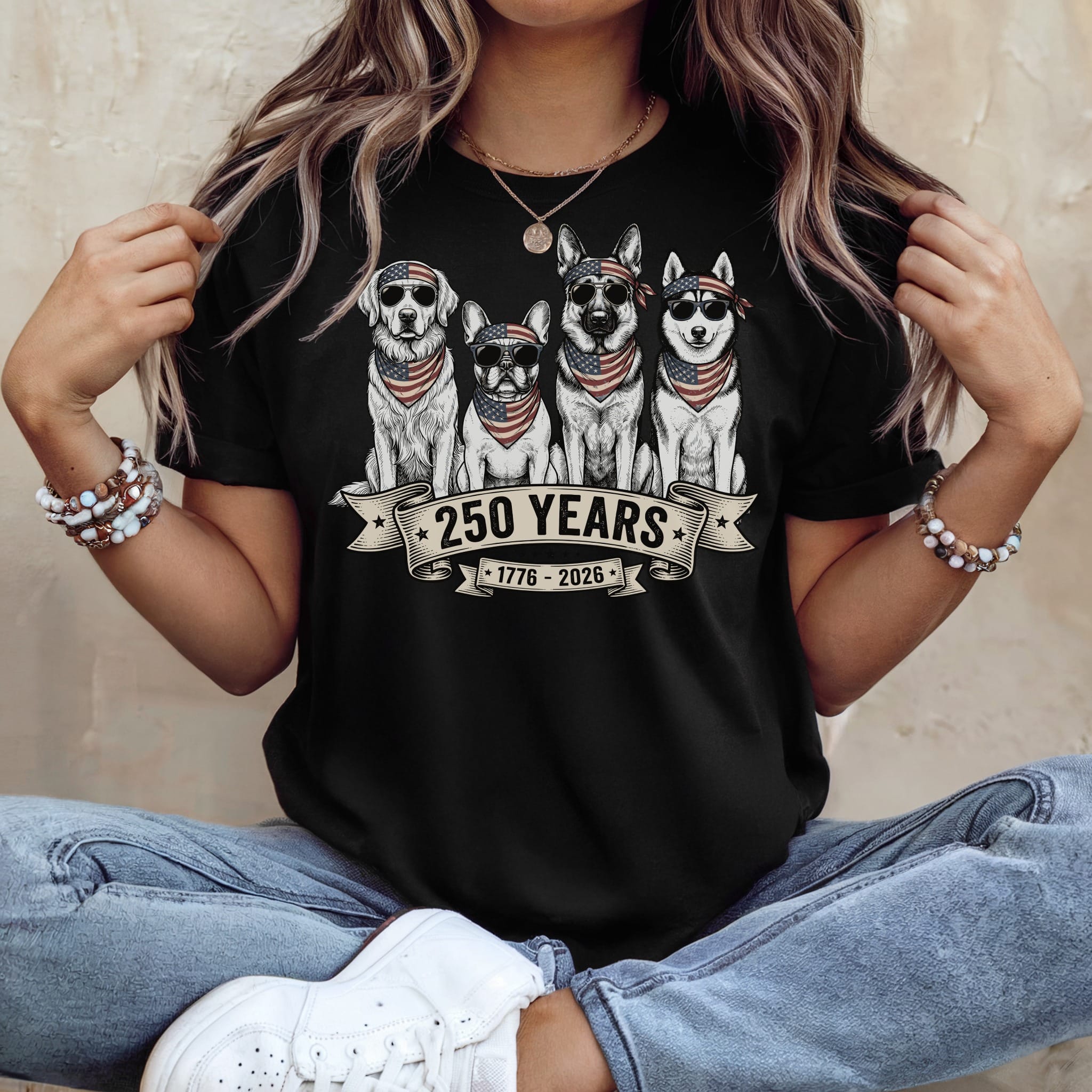 Four dogs wearing bandanas and sunglasses, with "250 Years 1776-2026" text.