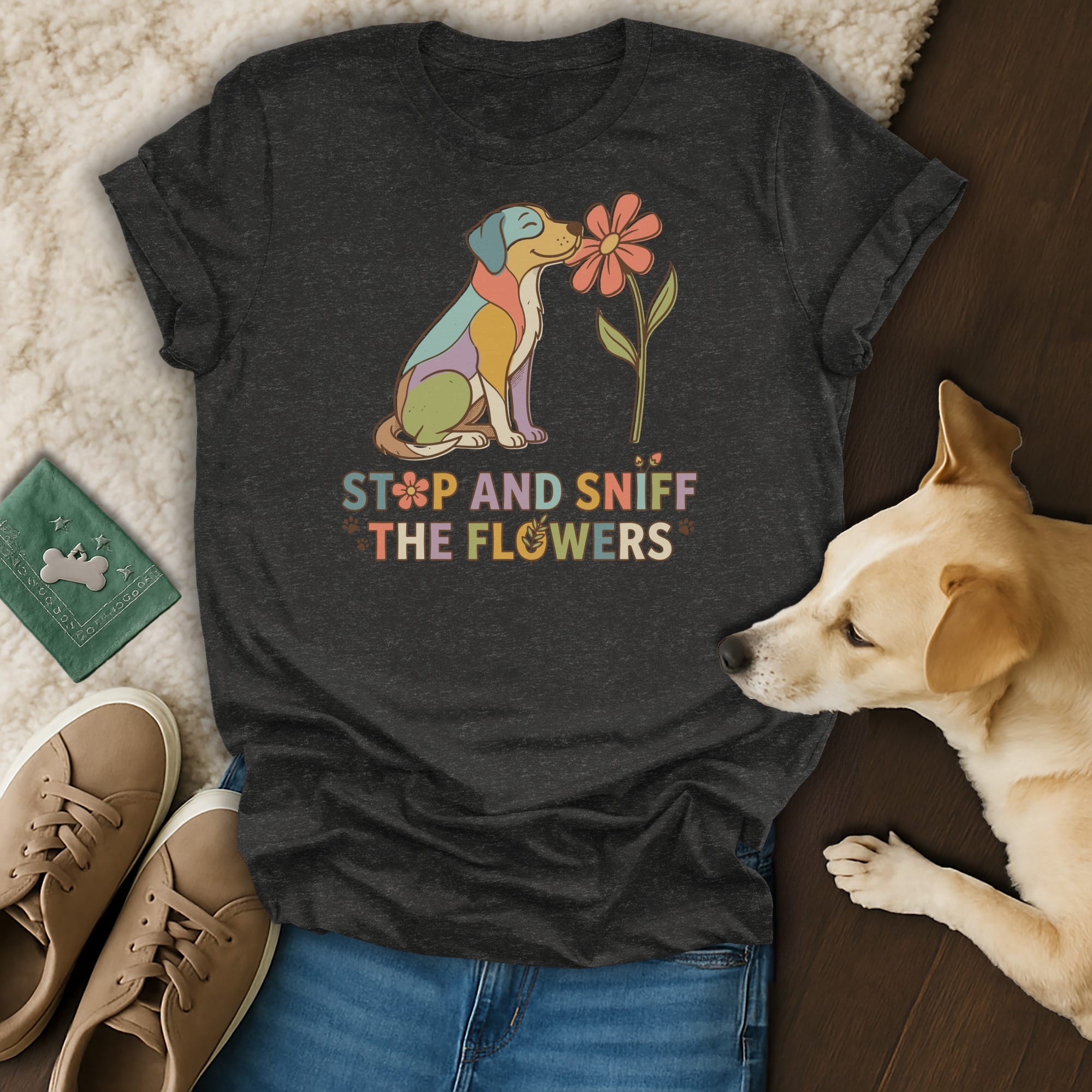Graphic tee with a colorful dog smelling a flower and text "STOP AND SNIFF THE FLOWERS".