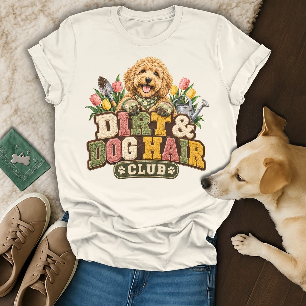 Off-white t-shirt with a graphic of a gardening doodle dog and the text Dirt and Dog Hair Club.