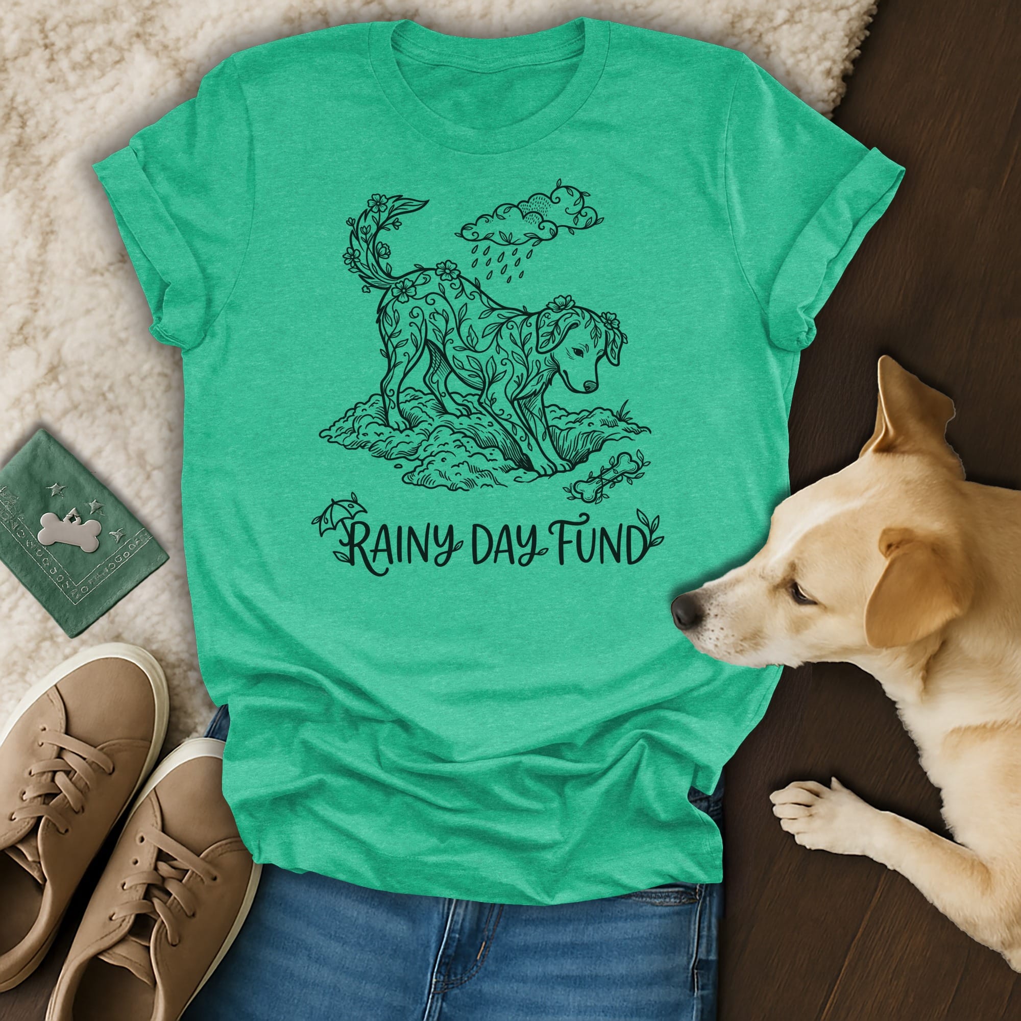 Green t-shirt with dog illustration and text "Rainy Day Fund."