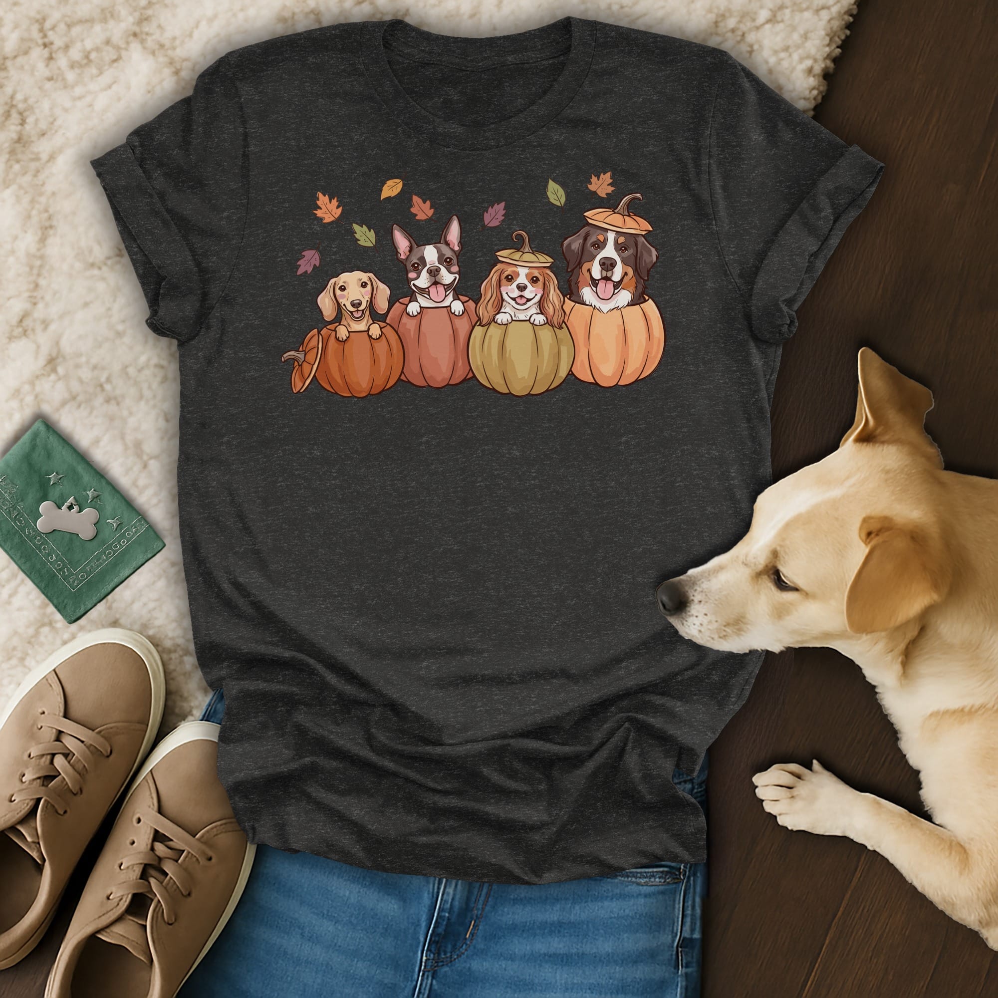 Dark t-shirt with illustration of four dogs in pumpkins and falling leaves.
