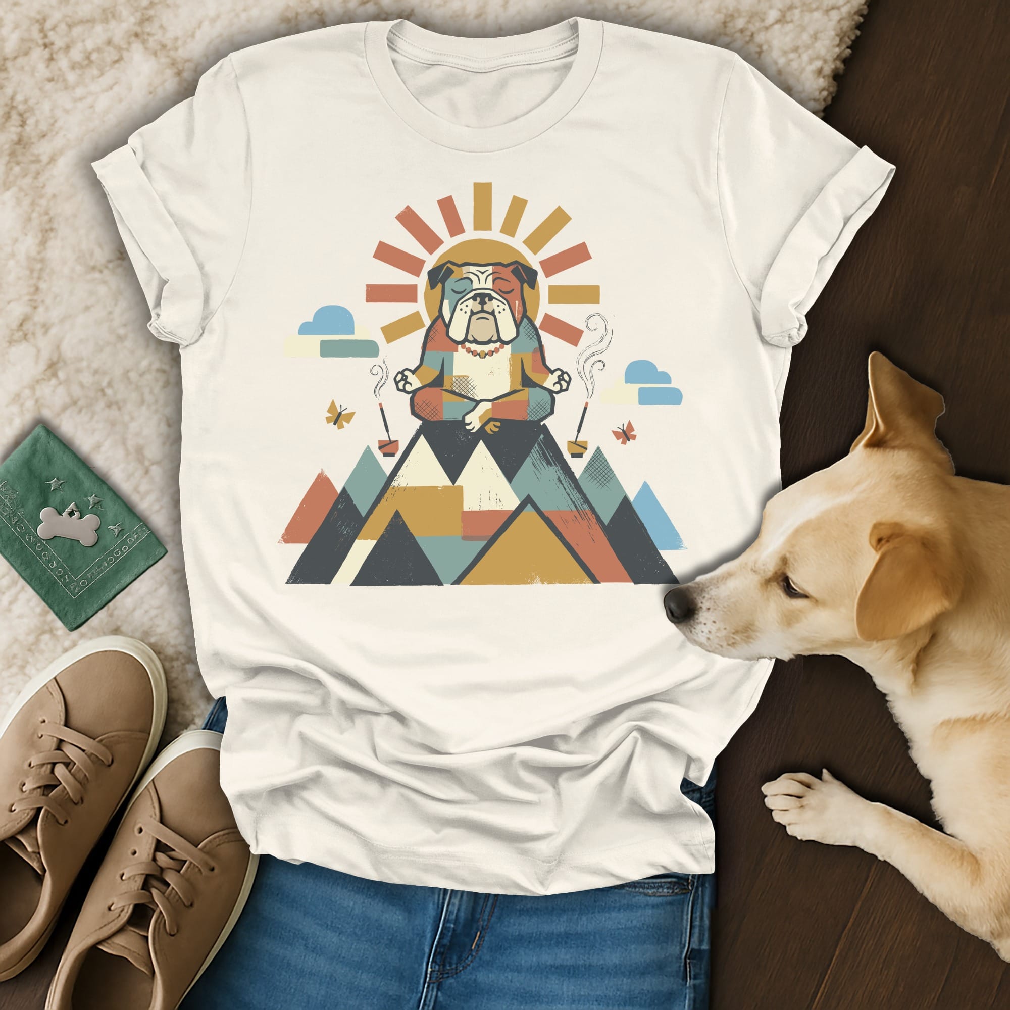 Bulldog meditating on mountain peak, sunbeams, clouds, and butterflies.