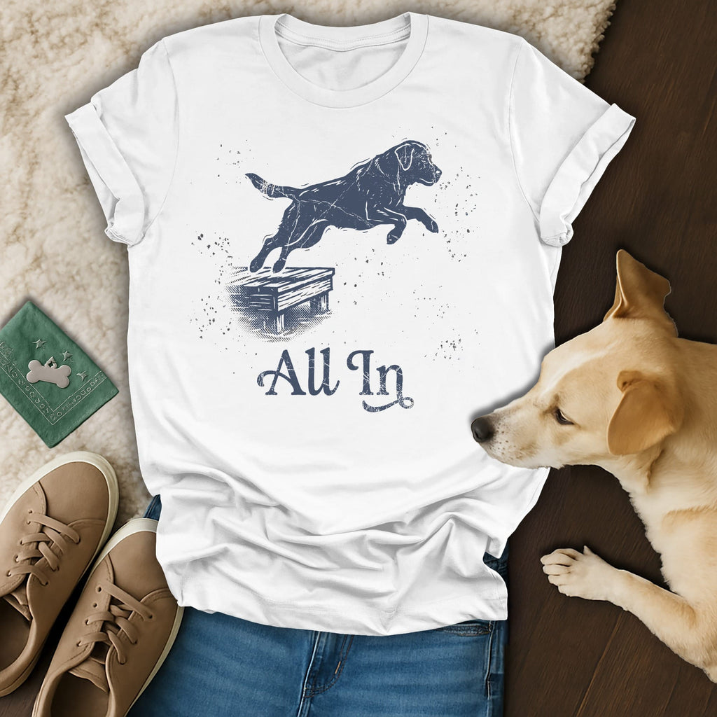 White t-shirt with distressed graphic of a black Labrador jumping, text "All In".