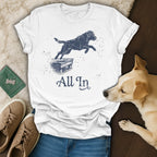 White t-shirt with distressed graphic of a black Labrador jumping, text "All In".