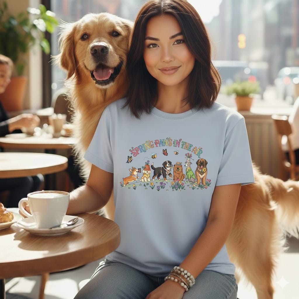 Woman with Golden Retriever wearing t-shirt with cartoon dogs and flowers.
