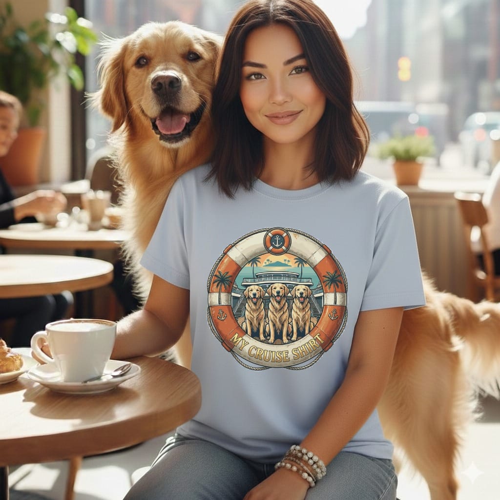 Woman with golden retriever wearing a "My Cruise Shirt" t-shirt.