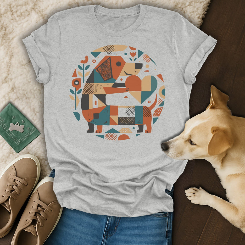 T-shirt with a geometric dog pattern and floral accents.