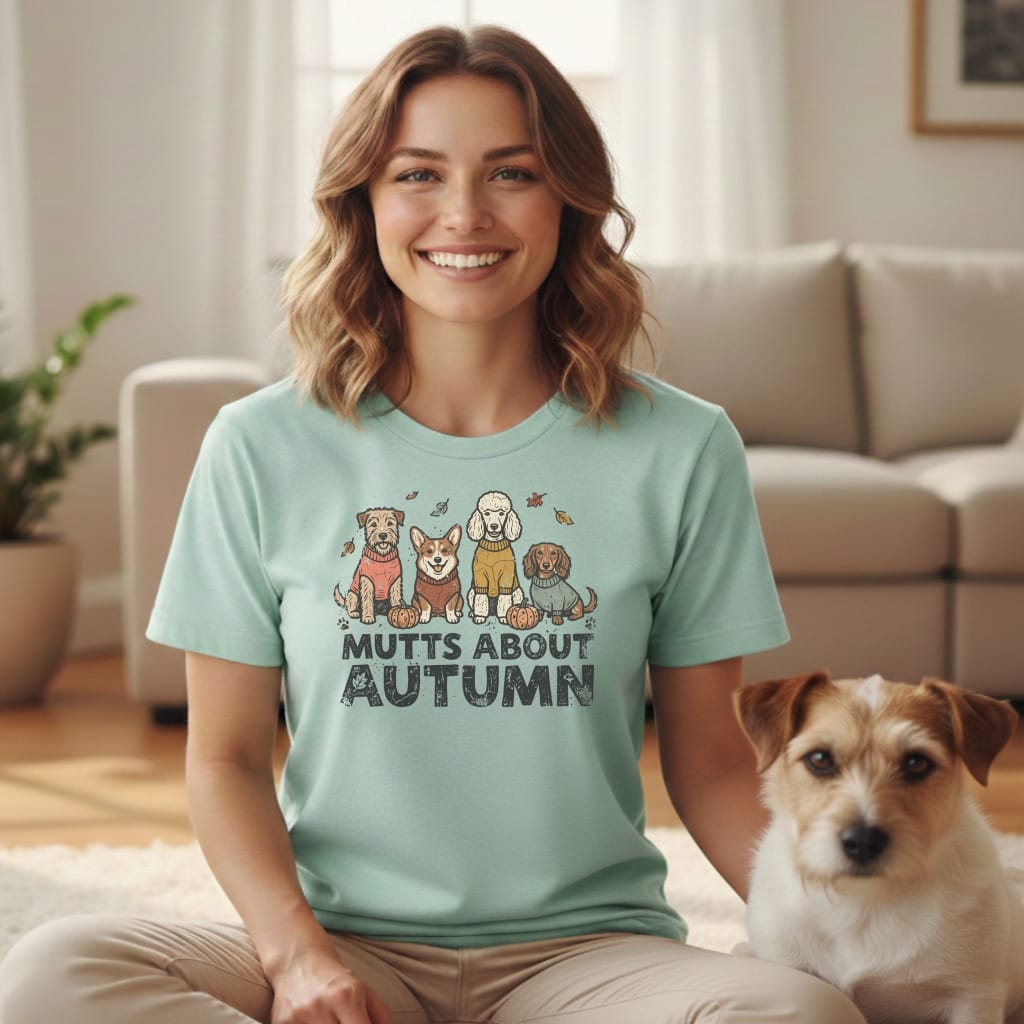 Light teal t-shirt with cartoon dogs and the text "Mutts About Autumn."