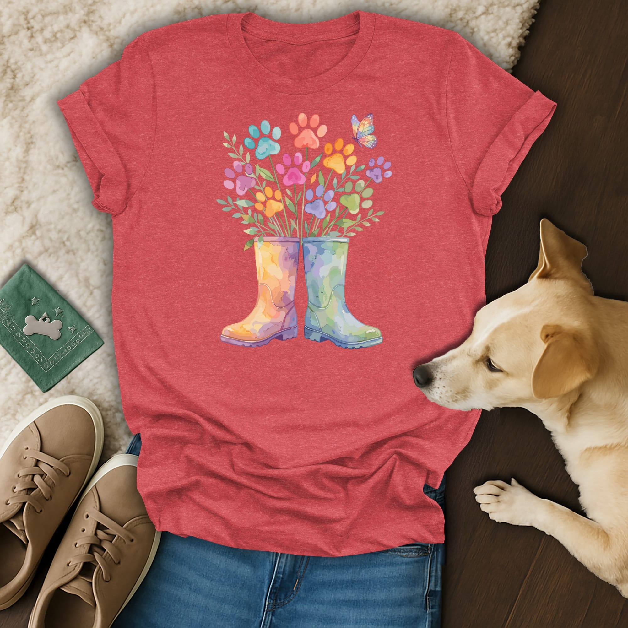 Red t-shirt featuring watercolor boots with paw print flowers and a butterfly graphic.