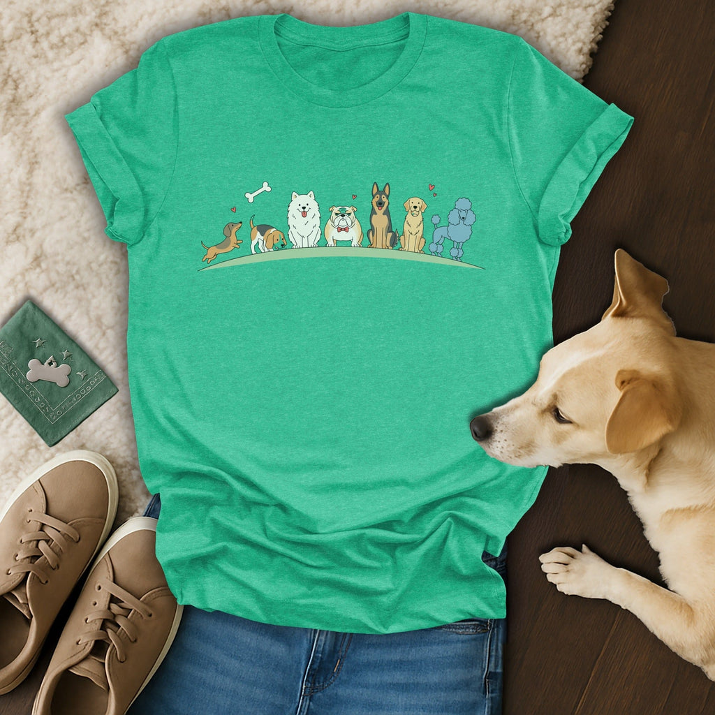 Adorable Cartoon Dogs Design Green T-Shirt for Pet Lovers