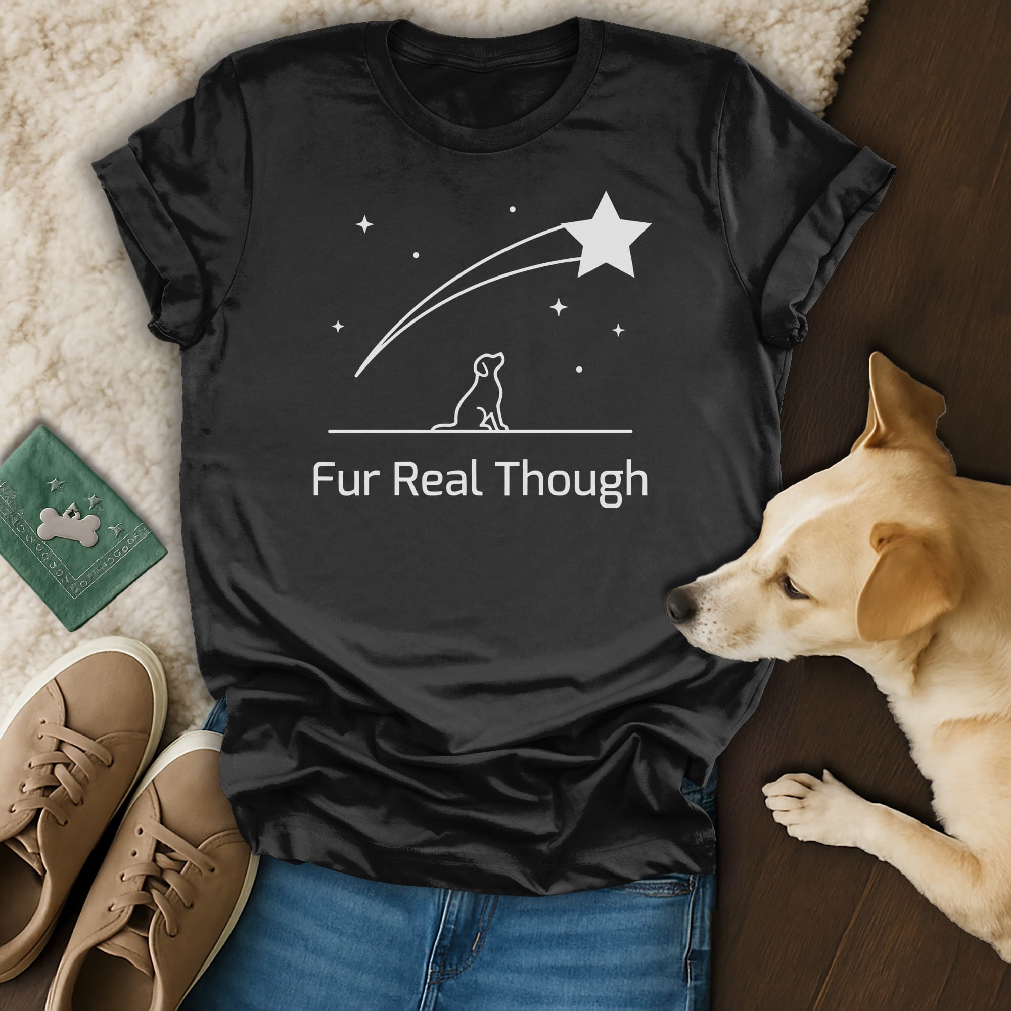 Black t-shirt with "Fur Real Though" and a shooting star dog design.