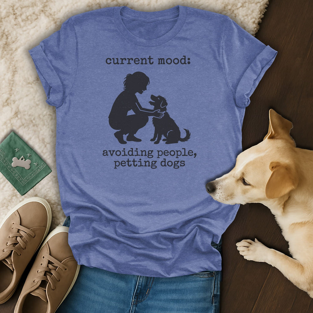 Heathered blue t-shirt with text "current mood: avoiding people, petting dogs" and graphic.