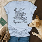 Dog graphic and "Rainy Day Fund" text on a light blue t-shirt.