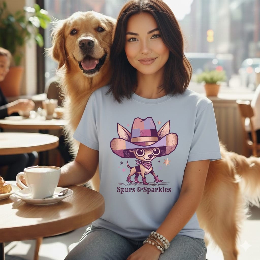 Woman and Golden Retriever wearing cowboy hat and boots with "Spurs & Sparkles" text.