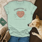 Light teal t-shirt with "Happiness Is A Cold Wet Nose" and a heart-shaped nose graphic.