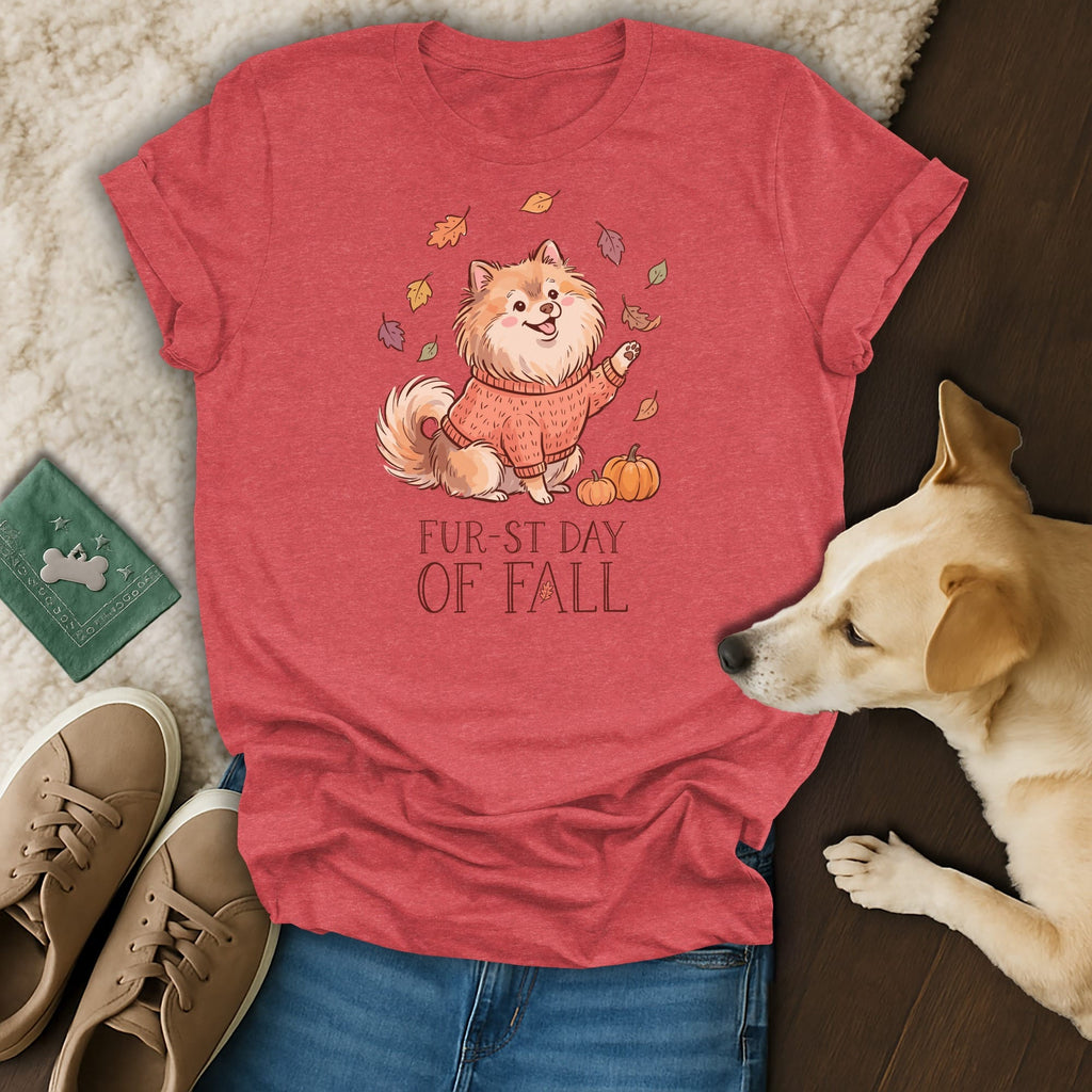 Red t-shirt with dog and pumpkins graphic, text "FUR-ST DAY OF FALL".