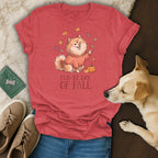 Red t-shirt with dog and pumpkins graphic, text "FUR-ST DAY OF FALL".