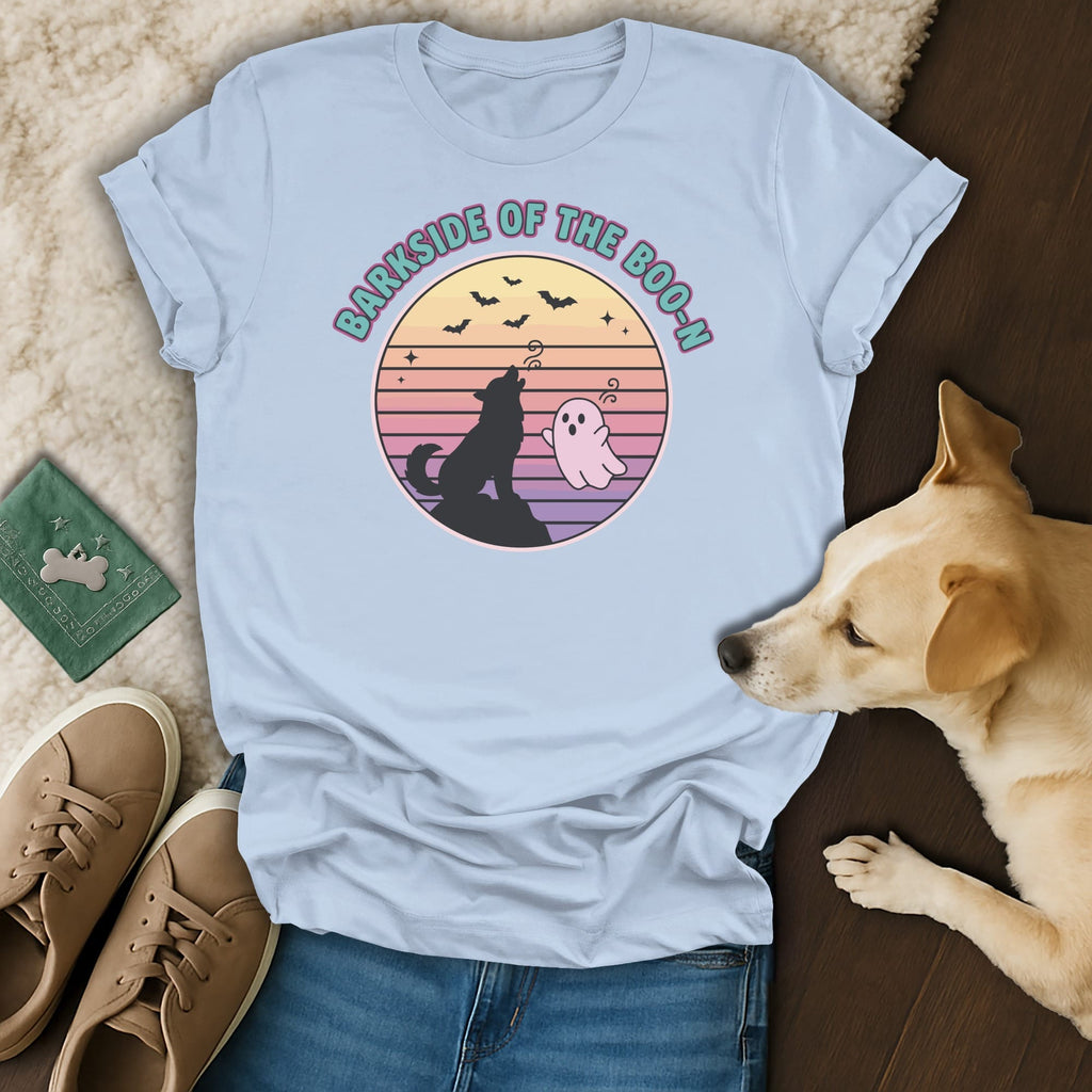 Light blue t-shirt with "Barkside of the Boo-n" graphic and howling wolf.