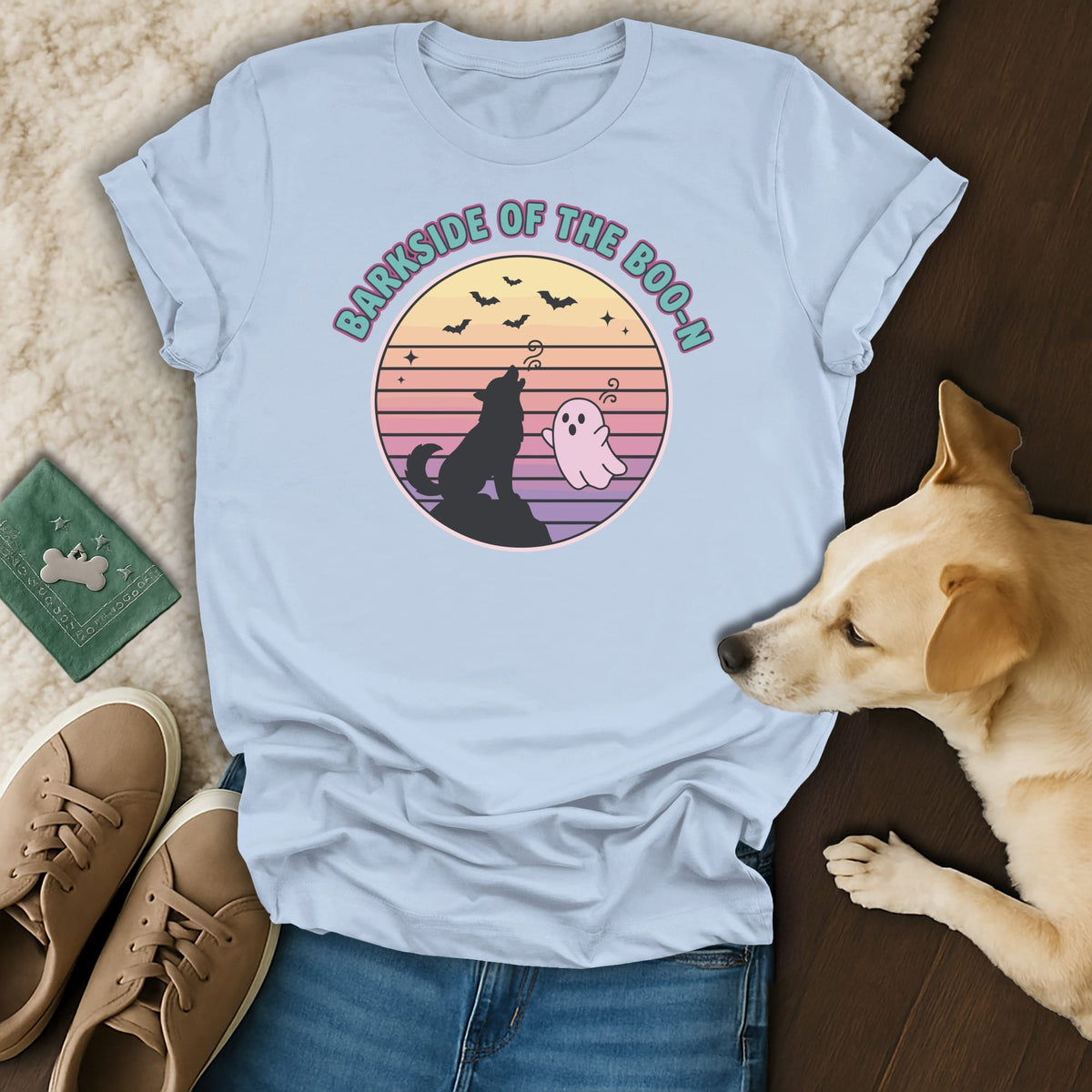 Light blue t-shirt with "Barkside of the Boo-n" graphic and howling wolf.