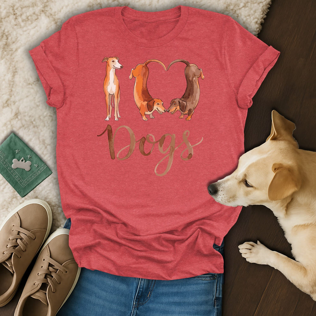 Red t-shirt with watercolor dogs forming a heart and the word "Dogs".