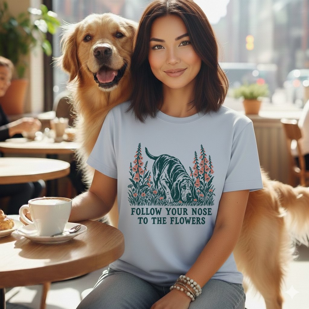 A smiling woman wears a light blue t-shirt featuring a hound graphic and the text Follow Your Nose to the Flowers while sitting with a golden retriever at a cafe.