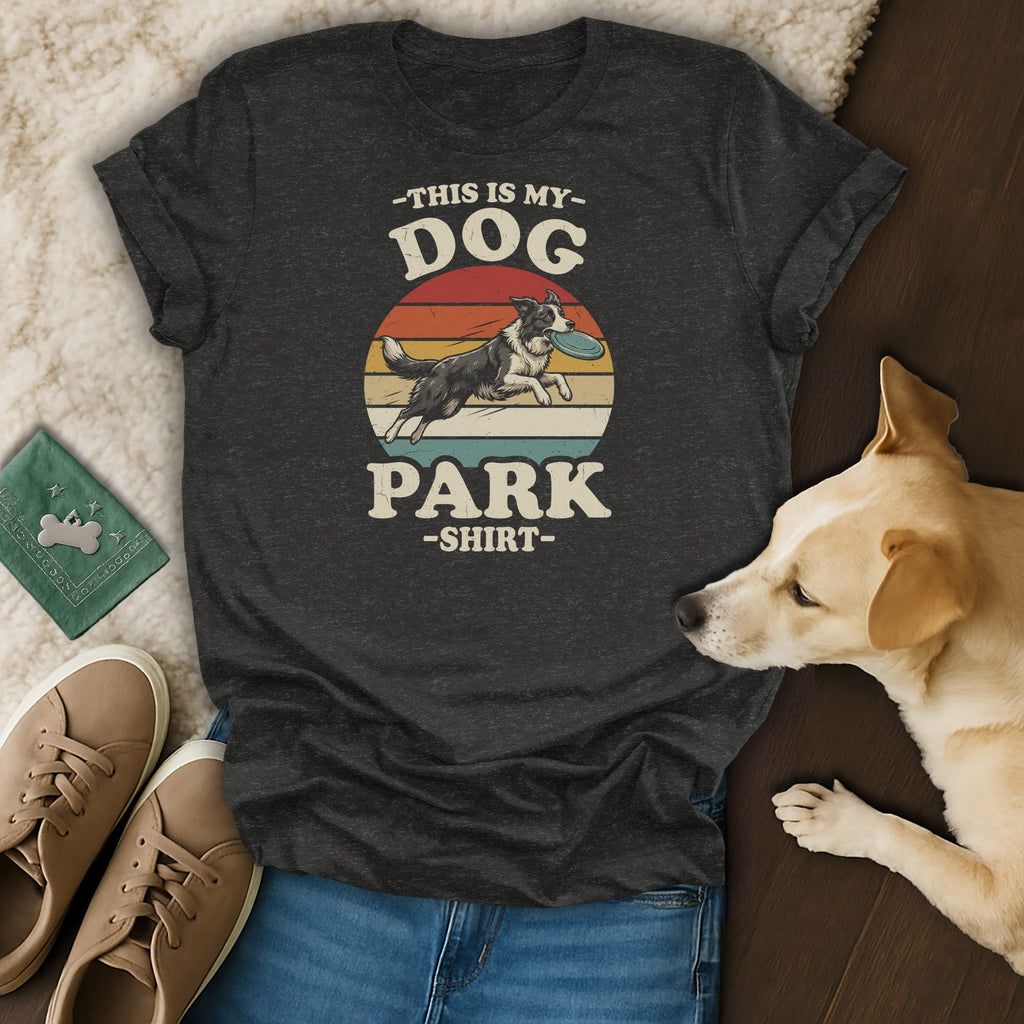 Dark grey t-shirt with "This is My Dog Park Shirt" text and dog playing frisbee graphic.