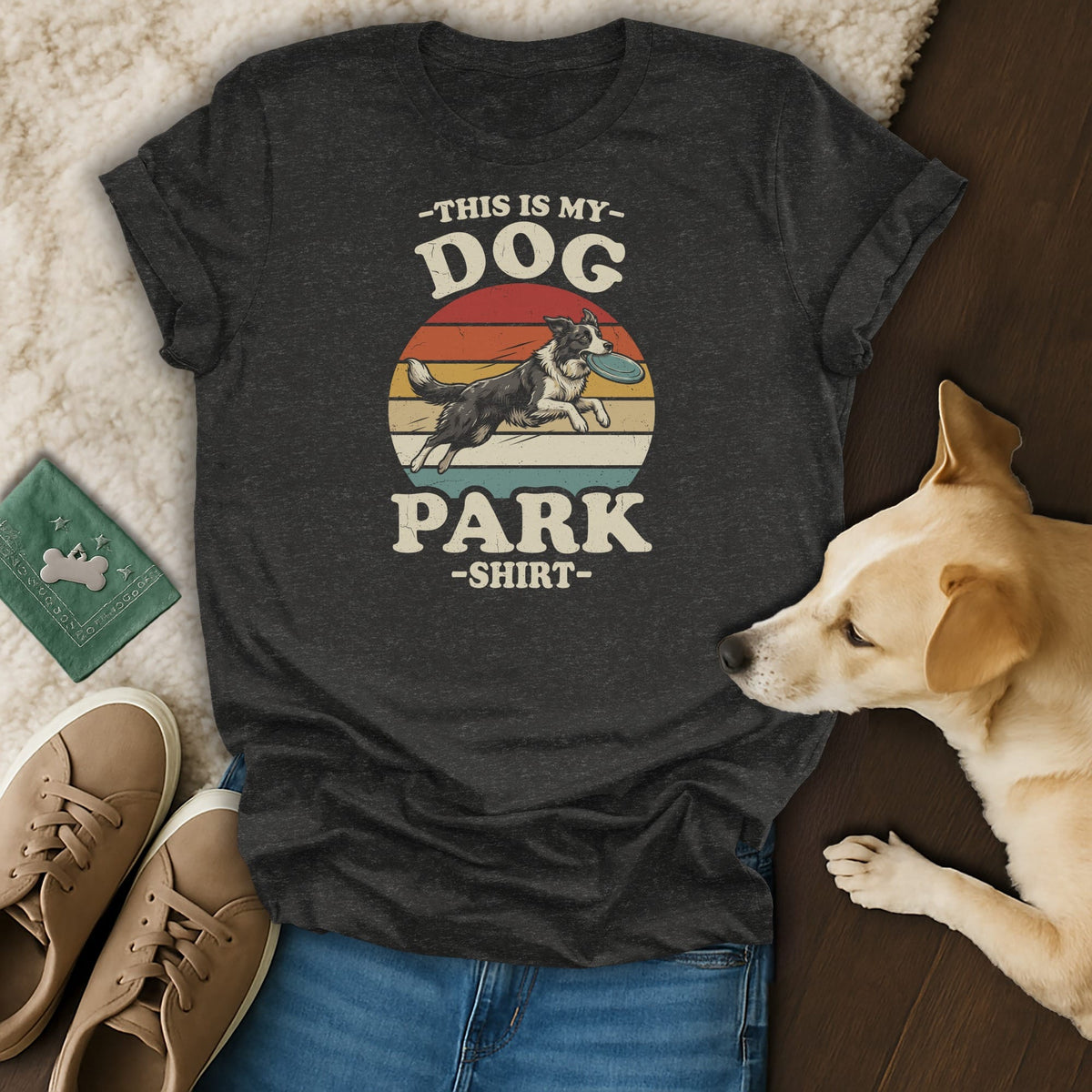 Dark grey t-shirt with "This is My Dog Park Shirt" text and dog playing frisbee graphic.