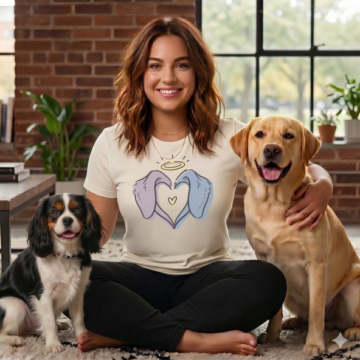 Woman with two dogs, wearing a t-shirt with a graphic of dog ears forming a heart.