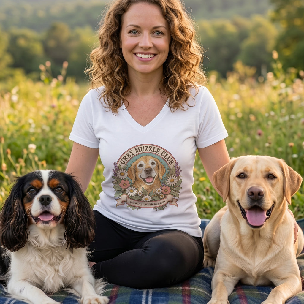 A smiling woman wearing a white graphic t-shirt sits outdoors flanked by two dogs.