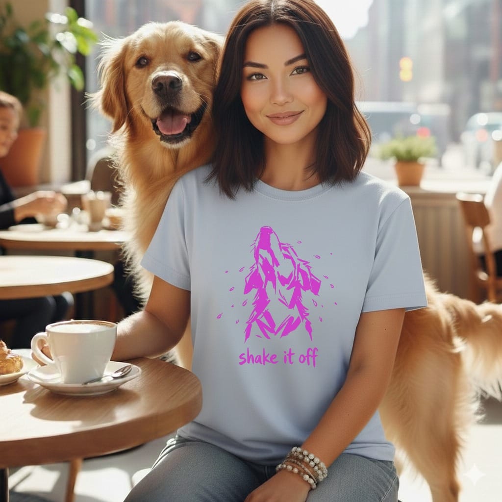 Woman with golden retriever wearing t-shirt with pink wolf graphic and text "shake it off".
